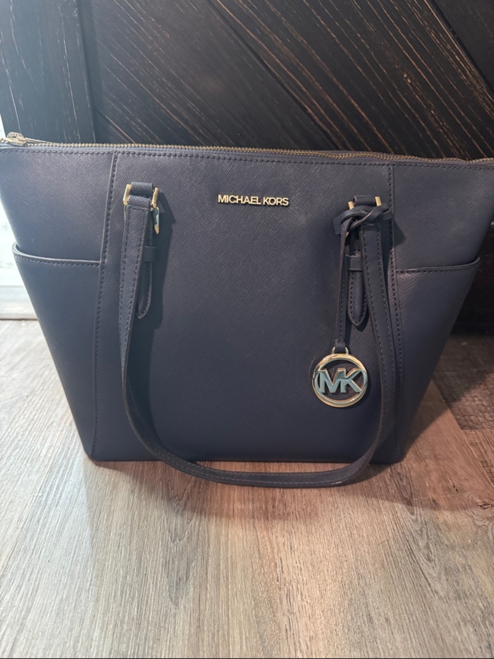 Michael Kors Navy Saffiano Leather Tote with MK Charm